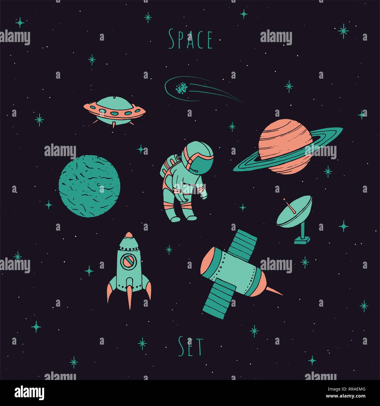 Vecteur dessiné à la main les éléments d'espace : cosmonaute, satelites, rocket, planètes, étoiles chute et OVNI. Cosmos coloré situé sur le fond étoilé. Illustration de Vecteur