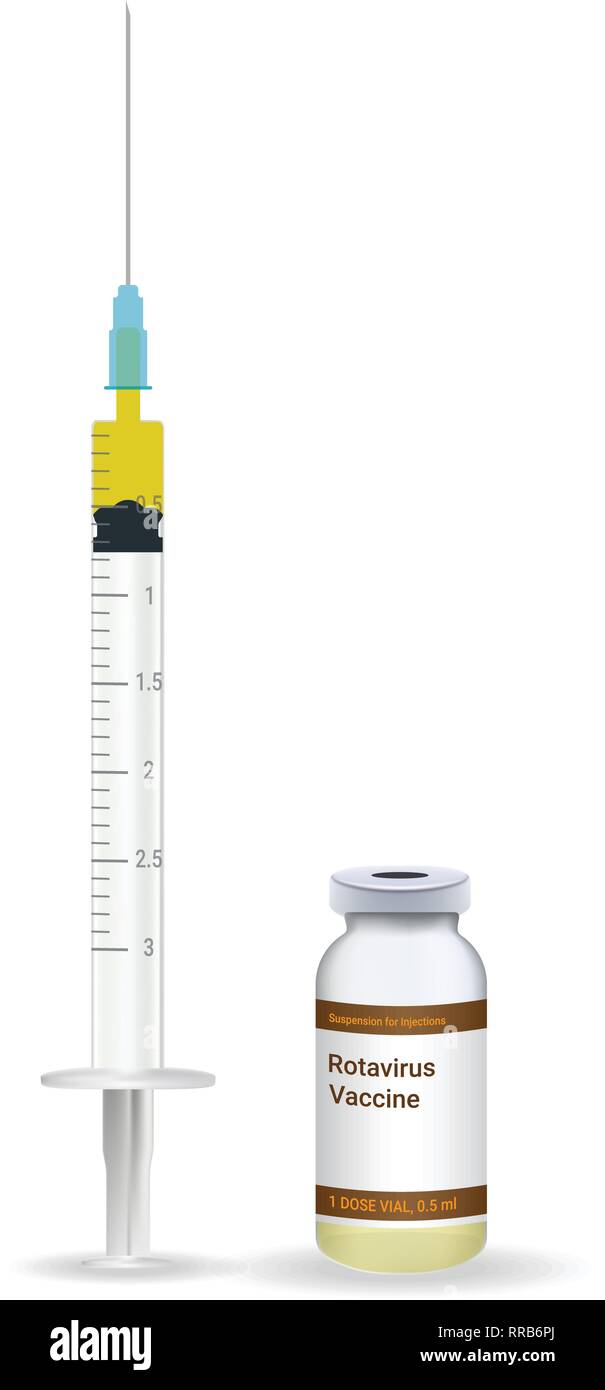 La vaccination, le vaccin contre le rotavirus médicaux en plastique avec aiguille de seringue et le flacon isolé sur un fond blanc. Vector Illustration. Illustration de Vecteur