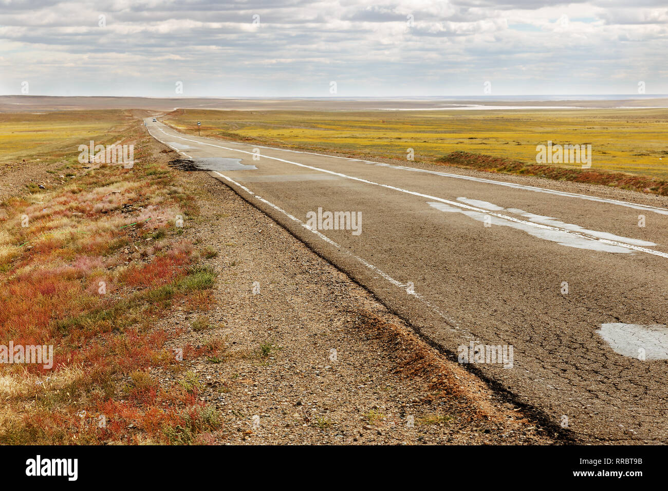 Route asphaltée Zamiin-Uud Sainshand en Mongolie, désert de Gobi Banque D'Images
