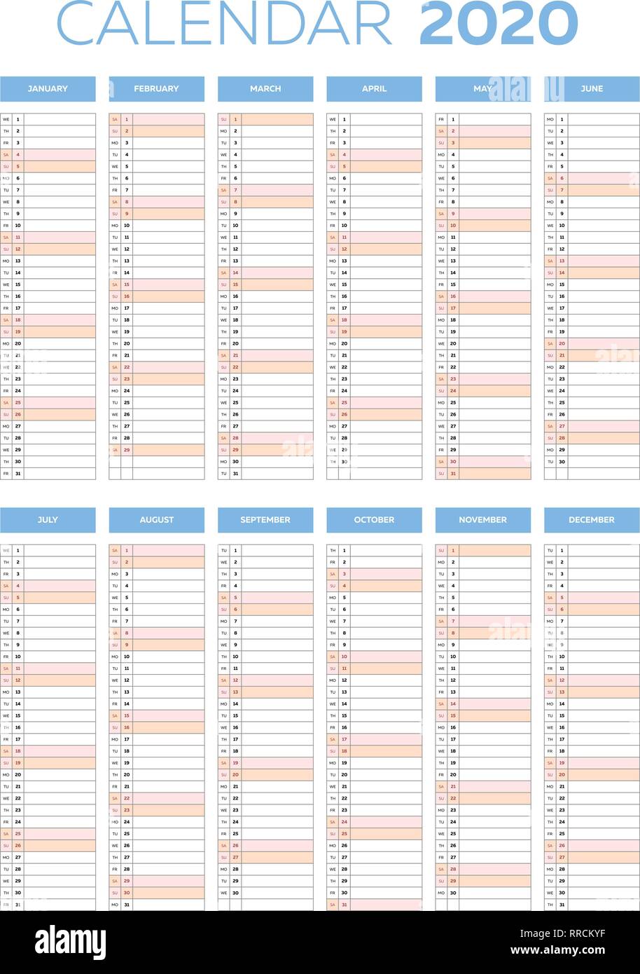 Calendrier d'affaires pour l'année 2020 modèle vectoriel Illustration de Vecteur