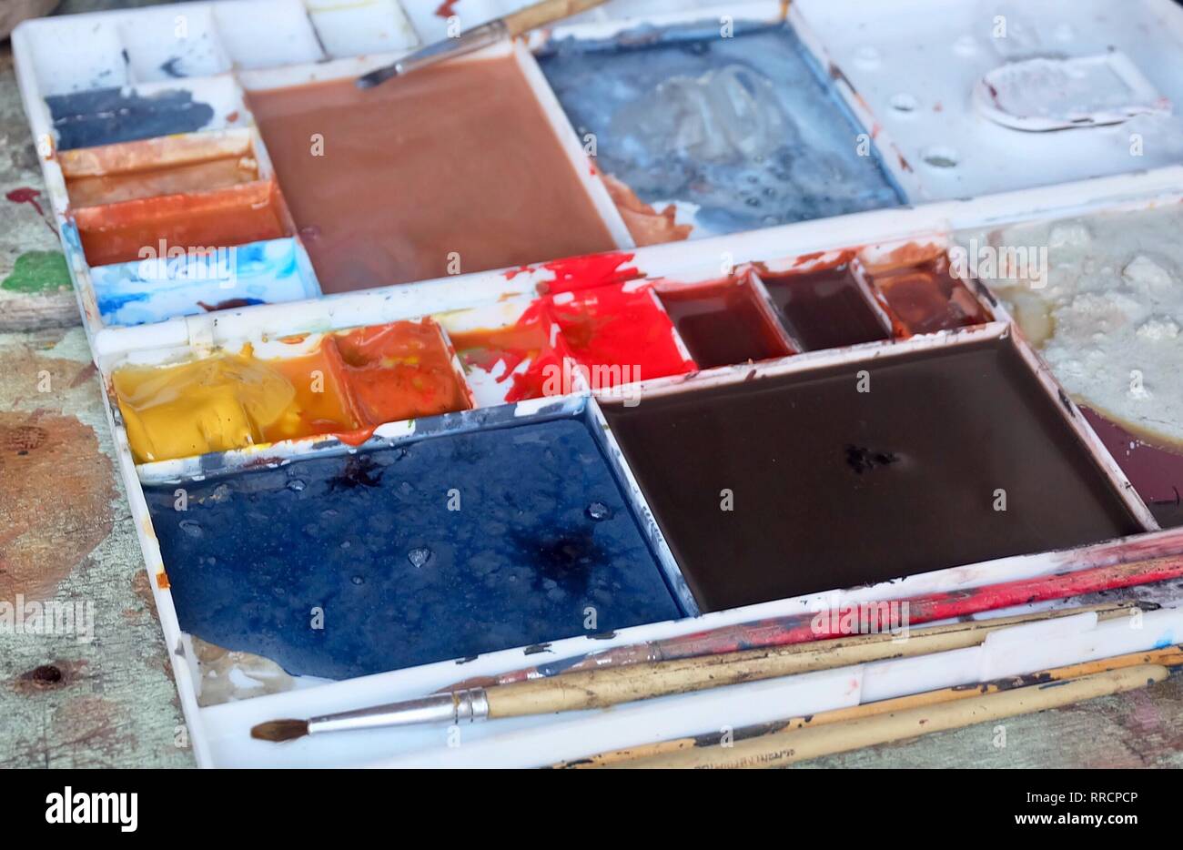 Peinture de couleur dans l'Art Palette avec un métier ou de l'artiste Pinceaux pinceaux pour exprimer et la peinture d'une photo. Banque D'Images