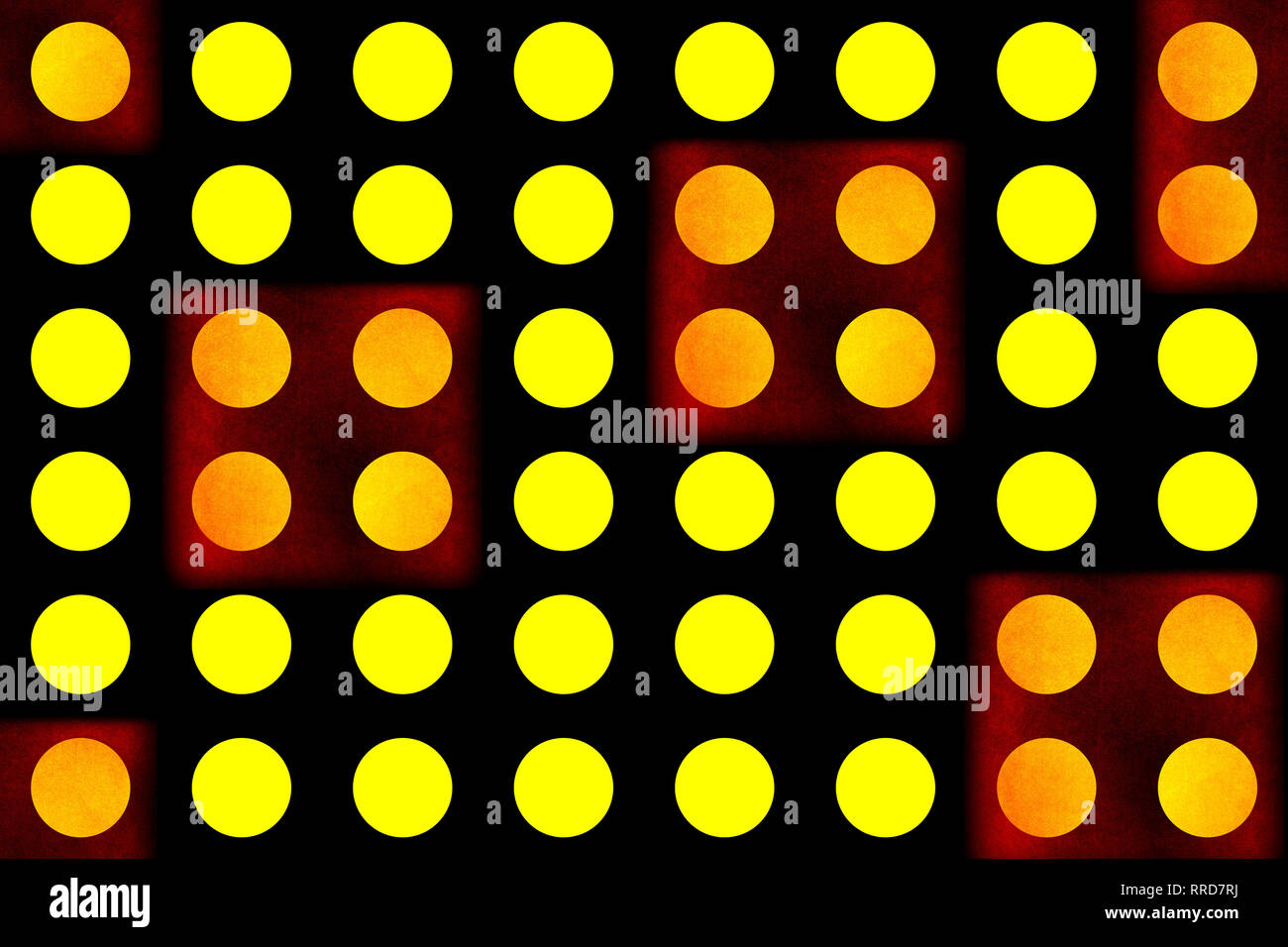 Résumé fond. L'art graphique cercles jaunes, fond noir avec des carrés rouges. Les modèles sans couture Banque D'Images