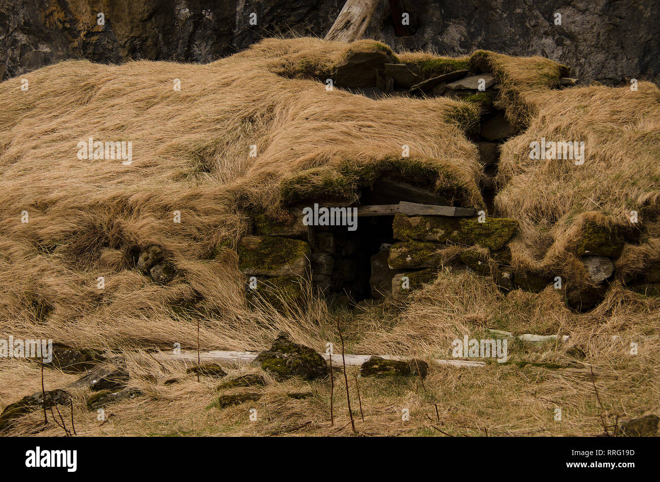 Vieille maison en pierre antique détruit recouvert d'herbe sèche jaune en Islande Banque D'Images