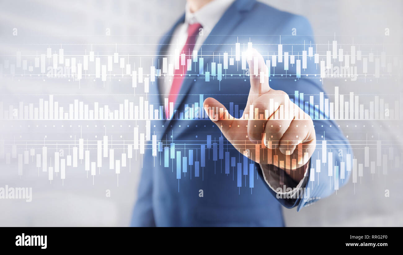 Diagramme de bougies stock trading graphique de l'entreprise Financement de l'investissement mixte concept double exposition écran virtuel. Banque D'Images