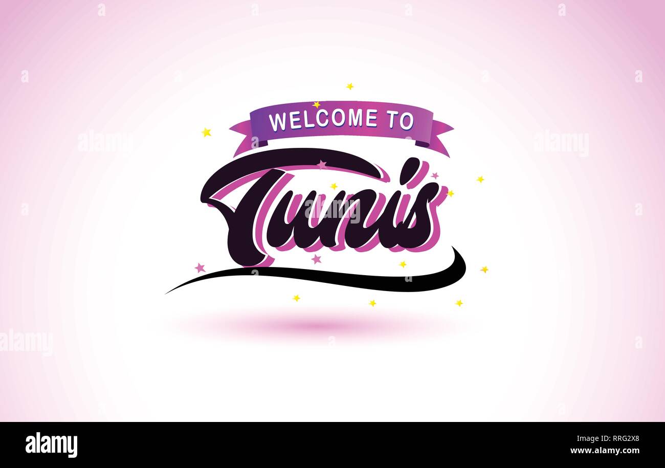 Bienvenue à Tunis texte créatif avec police manuscrite Purple Pink Colors Design Vector Illustration. Illustration de Vecteur