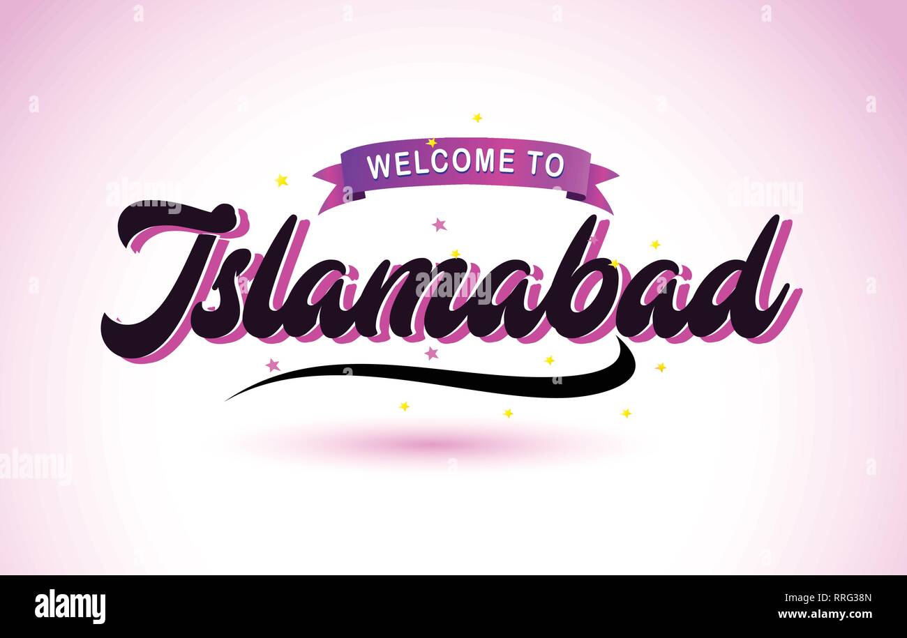 Bienvenue à Islamabad texte créatif avec police manuscrite Purple Pink Colors Design Vector Illustration. Illustration de Vecteur