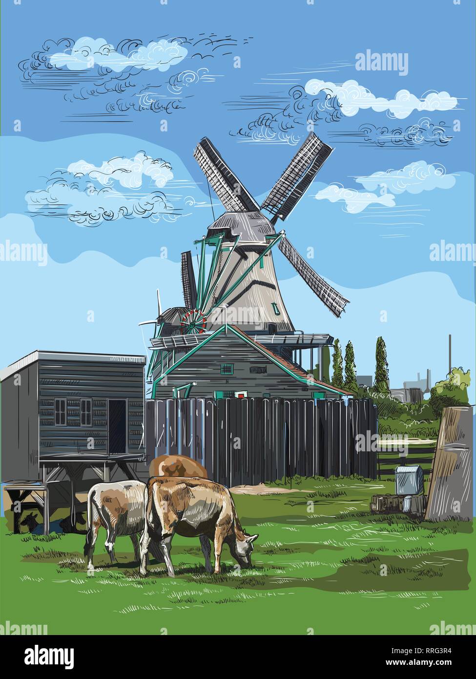 Vector Illustration Dessin De Moulin à Eau à Amsterdam Pays