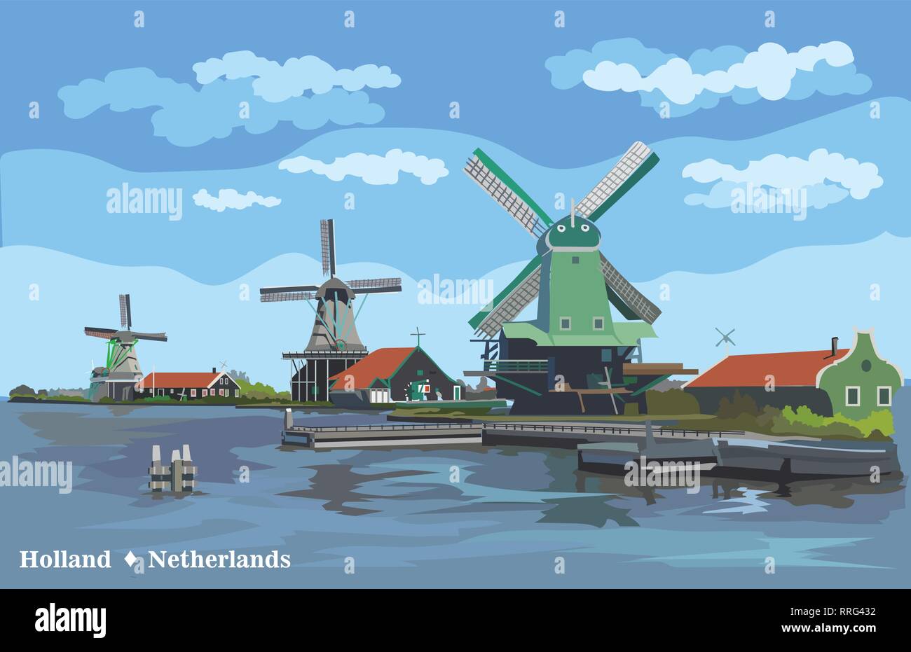 Vector Illustration de moulin à eau à Amsterdam (Pays-Bas, Hollande). Monument de la Hollande. Les moulins à eau sur le quai.Colorful vector illustration. Illustration de Vecteur