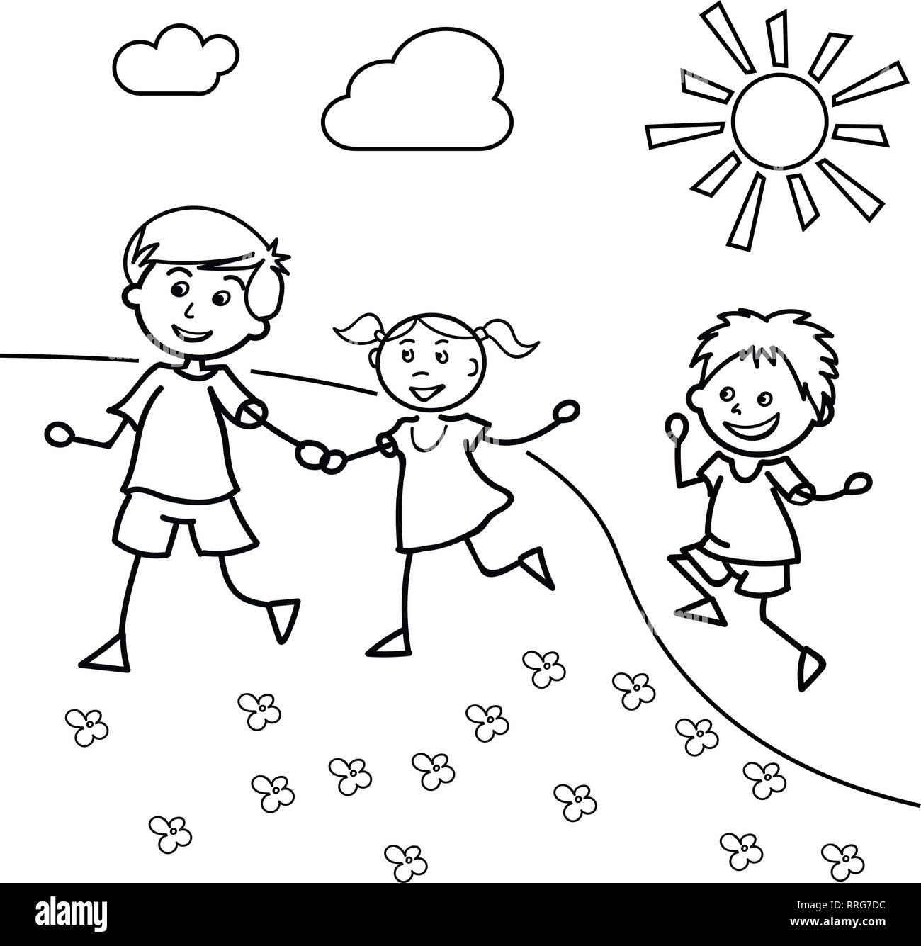 Les enfants dessinés à la main, de marcher sur la pelouse en été. Deux petits garçons et une fille, vector illustration Illustration de Vecteur