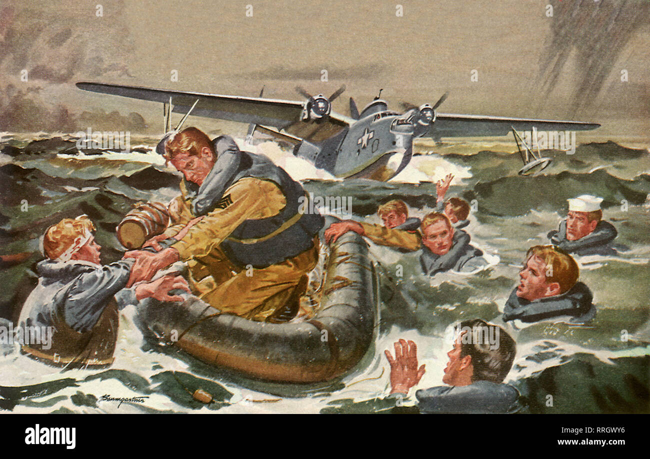 Sauvetage de l'avion près de marins de sauvetage. Banque D'Images