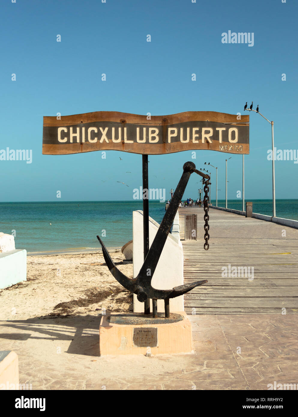 Chicxulub signe sur l'embarcadère. Yucatan, Mexique. Banque D'Images