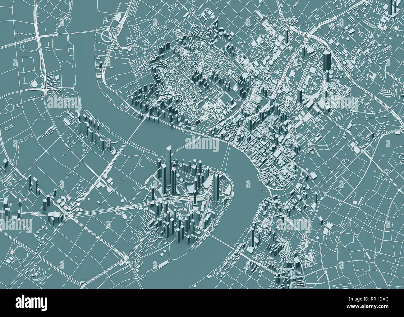 Vue satellite de Shanghai, carte de la ville avec la maison et le bâtiment. Gratte-ciel. La Chine. République populaire de Chine. Le rendu 3D Banque D'Images