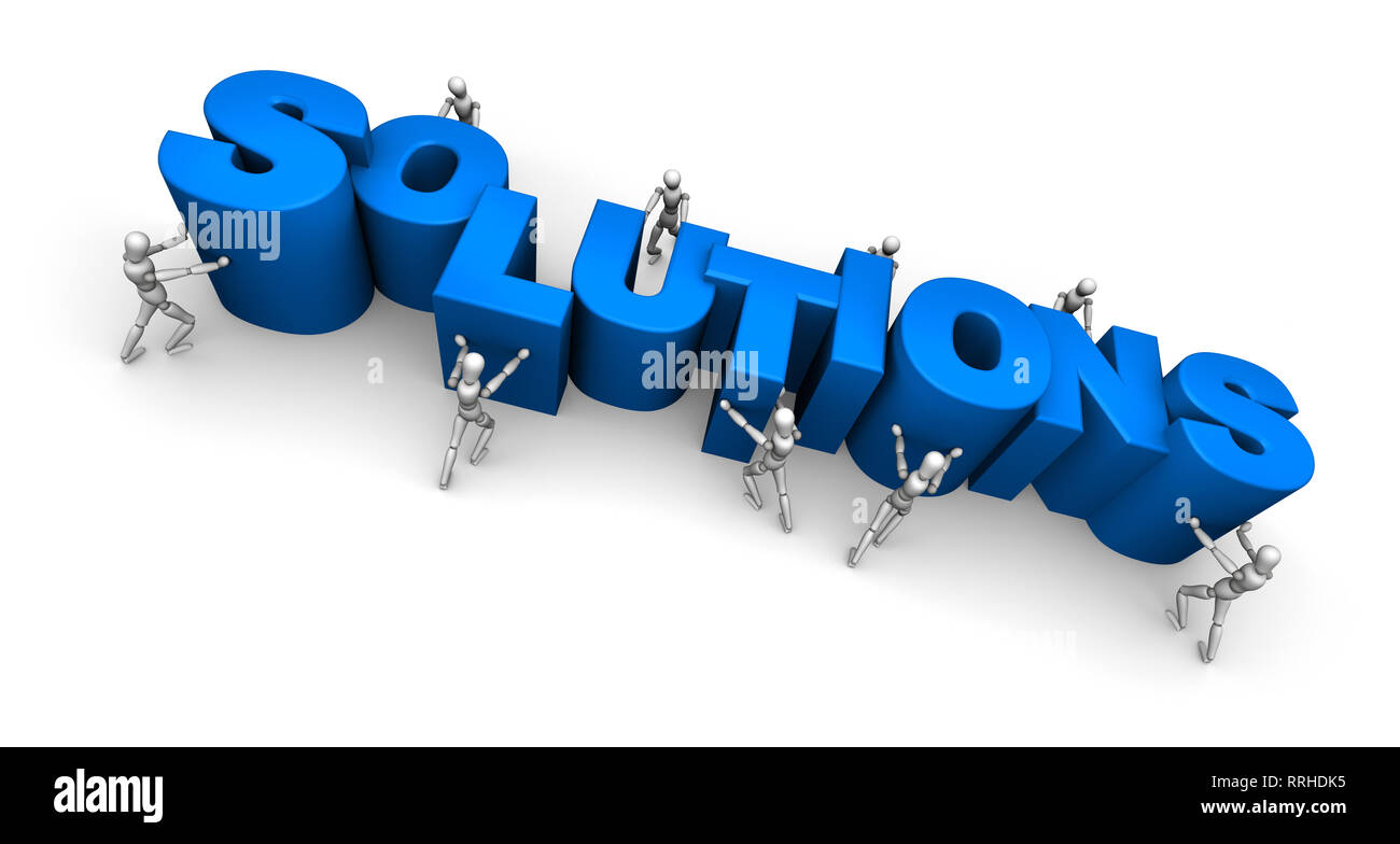 Équipe de personnes faisant le mot Solutions. 3D illustration isolé sur fond blanc. Banque D'Images