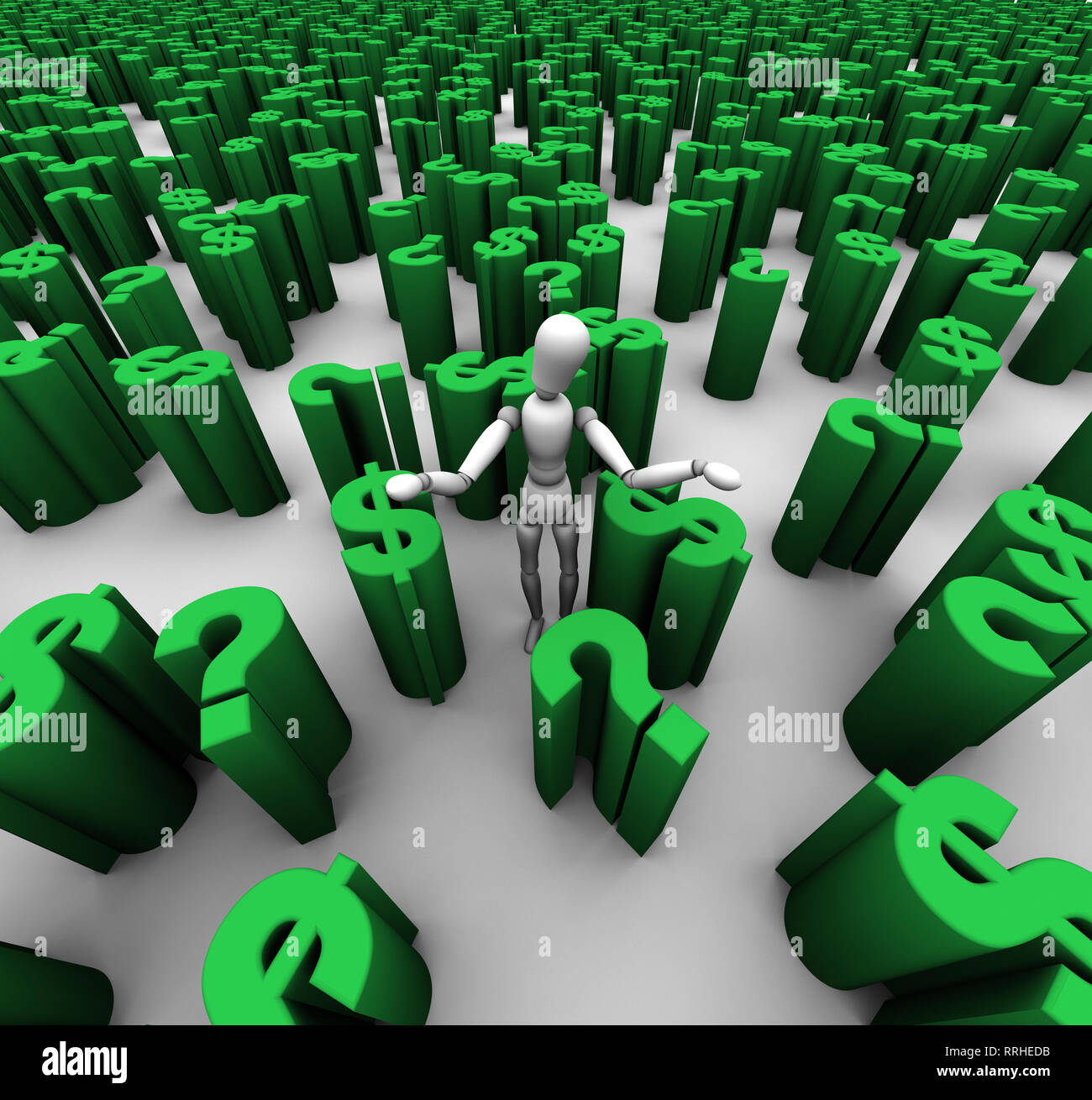 3D render of confondu mannequin debout dans une mer de vert d'interrogation et de symboles du dollar $. Banque D'Images