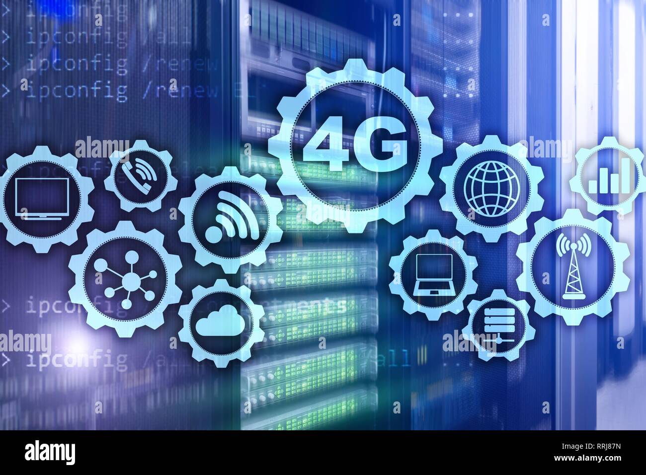 Télécommunications mobiles haute vitesse de connexion de données cellulaires concept : 4G LTE. Sur l'arrière-plan de la salle serveur. Banque D'Images