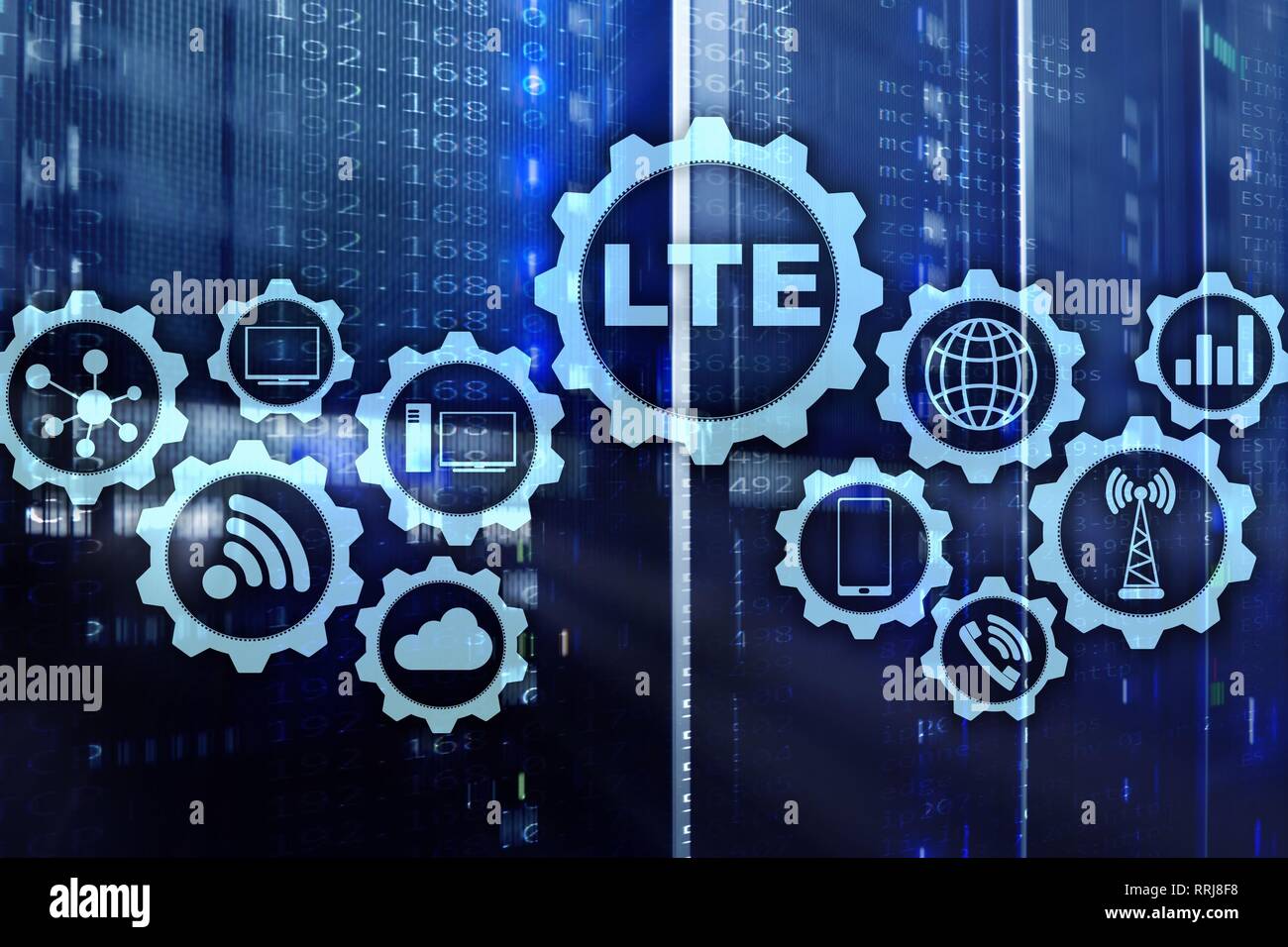 Internet d'affaires sans fil LTE, et de la Réalité Virtuelle Concept. La technologie de communication de l'information sur un serveur l'arrière-plan. Banque D'Images