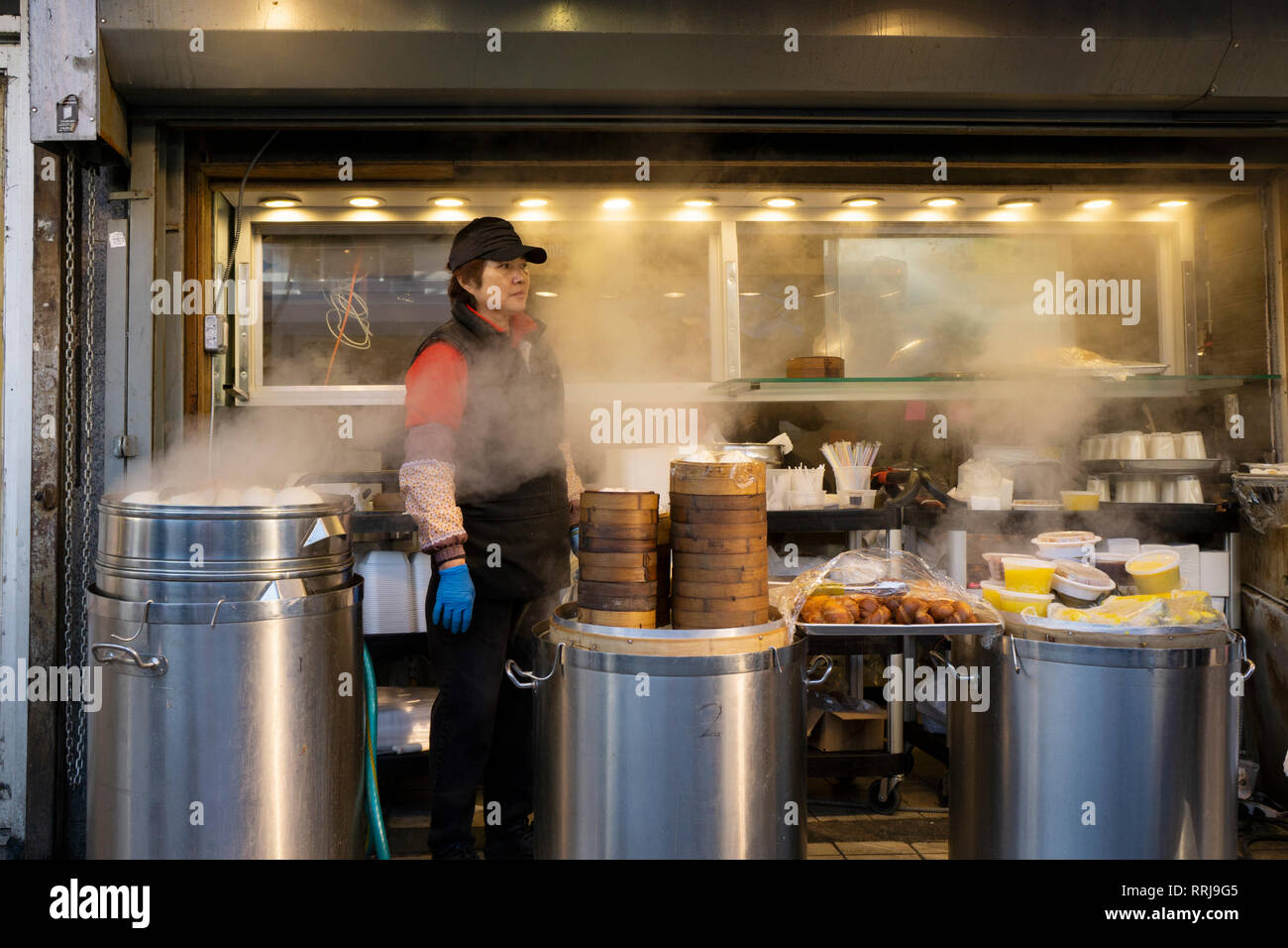 Une femme chinoise travailler à l'extérieur dans l'hiver sur de vastes paquebots. Dans le quartier chinois, le centre-ville de Flushing, New York. Banque D'Images