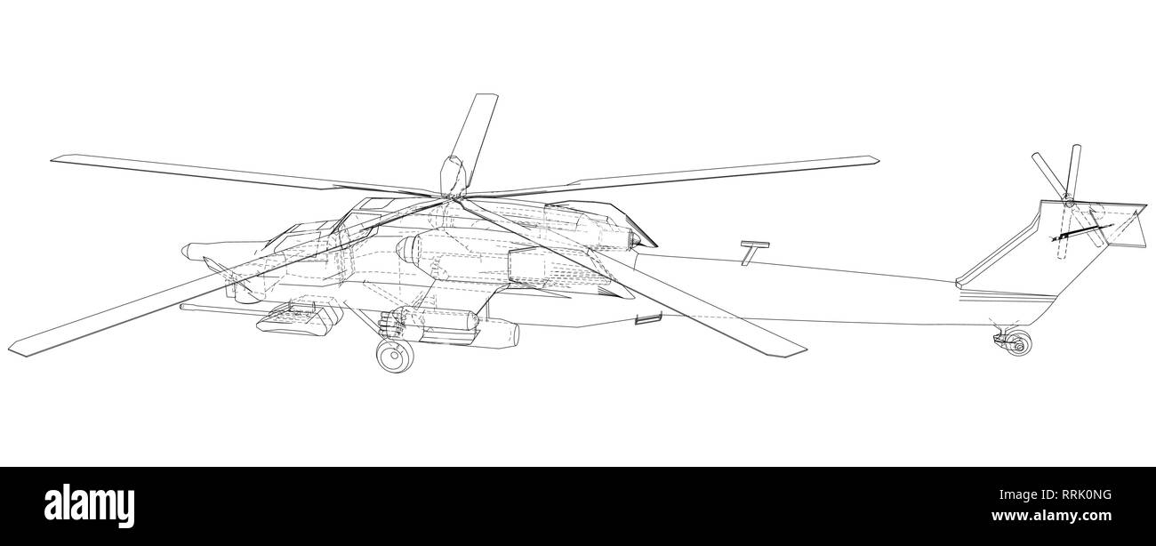 Silhouette d'hélicoptère militaire. Illustration de création 3d. Vector concept en fil de fer Illustration de Vecteur