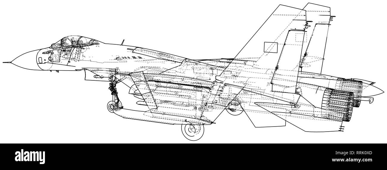 Avion de chasse à réaction. Vector concept en fil de fer. Illustration de création 3d. Illustration de Vecteur