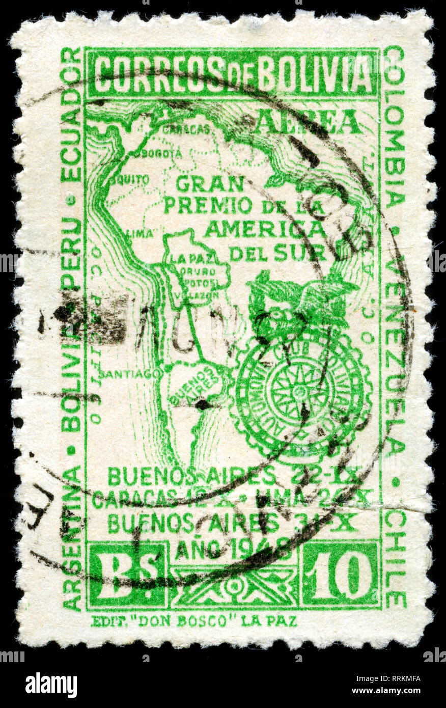 Timbre-poste de la Bolivie dans les courses automobile de l'Amérique du Sud série émise en 1948 Banque D'Images