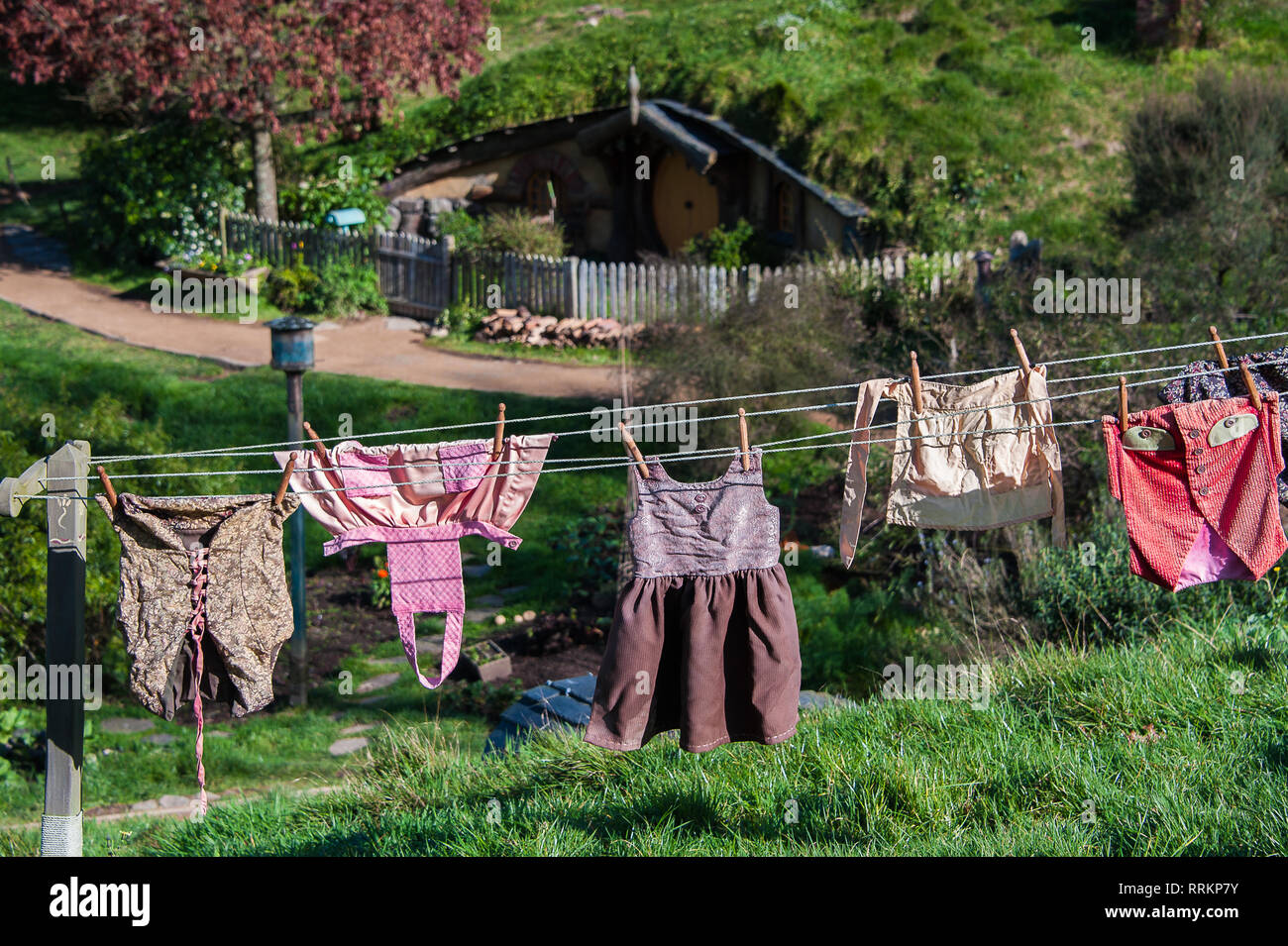 Hobbiton movie set créé au film Le Seigneur des Anneaux et Le Hobbit. Lave-pendaison au soleil sur une corde à linge en bois dans un écrin vert herbe Banque D'Images