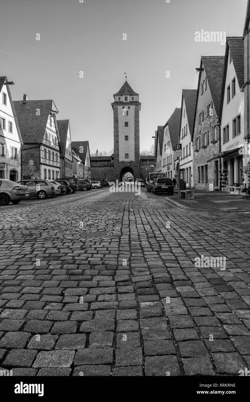 Rothenburg ob der Tauber, Allemagne - 18 Février 2019 : les rues de Rothenburg, La Bavière est l'état fédéral de l'Allemagne. Photos noir et blanc de l'hiver, Banque D'Images