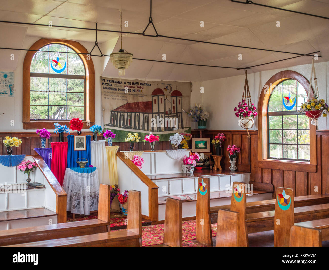 Intérieur de Nga Tapuwae o Te Mangai, temple Ratana, Te Kao, Northland, Nouvelle-Zélande Banque D'Images