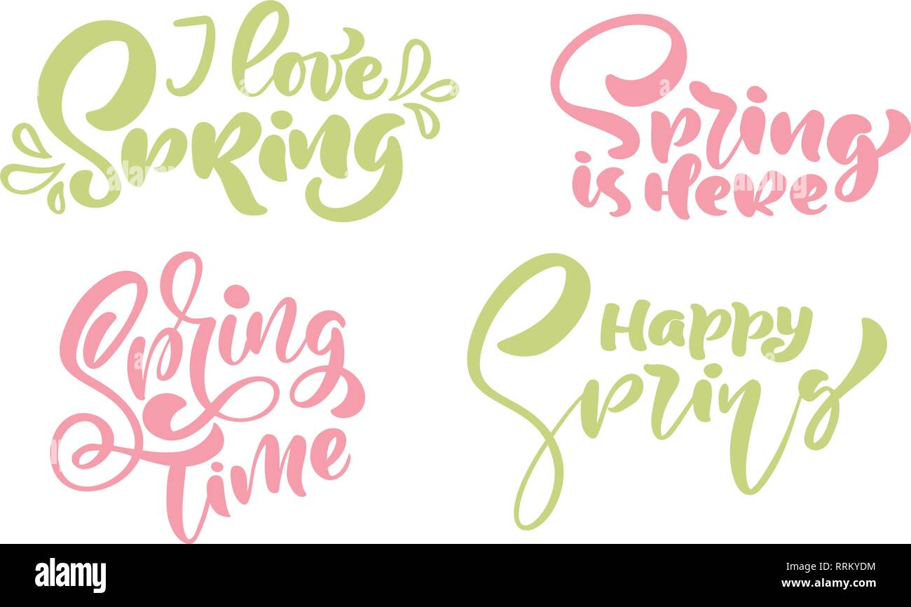 Ensemble de six printemps j'aime la calligraphie Pastel phrases lettrage. Vector Hand Drawn texte isolé. Doodle croquis design pour carte de souhaits, Album Illustration de Vecteur