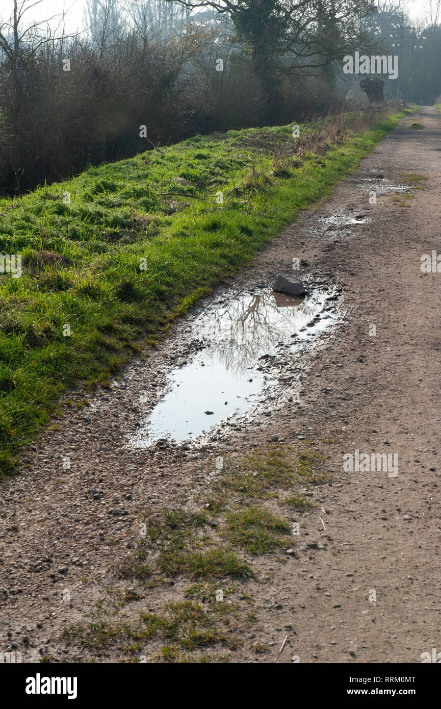 Réflexions dans une flaque en bas Penleigh Road à Westbury, Wiltshire, à la ferme comme une piste. Banque D'Images