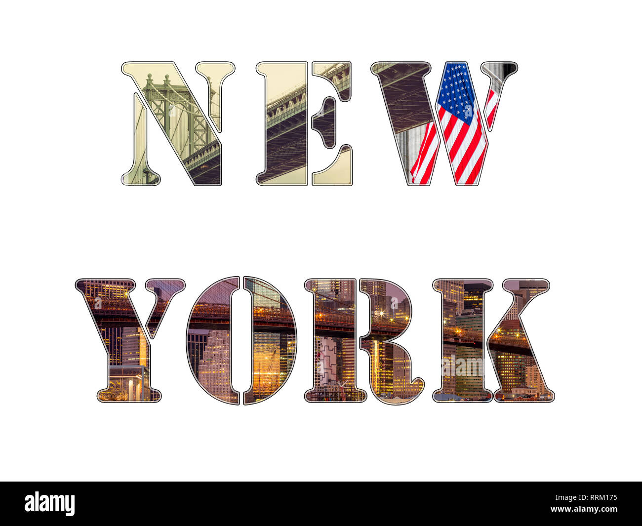 Des lettres de la ville de New York - photo collage de différents endroits célèbres, des monuments et des zones de New York, isolated on white Banque D'Images