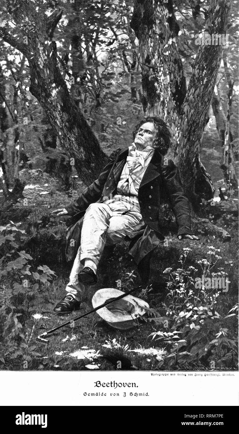 Beethoven, Ludwig van, 17.12.1770 - 26.3.1827, compositeur allemand, demi-longueur, assis dans la forêt, gravure sur bois, de 'Die Gartenlaube", 1905, d'après une peinture par Julius Schmid (1854 - 1935),, Additional-Rights Clearance-Info-Not-Available- Banque D'Images