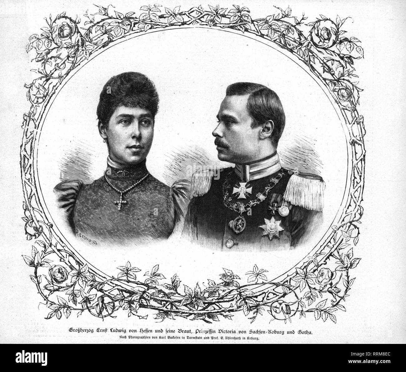 Ernest Louis, 25.11.1868 - 9.10.1937, Grand-duc de Hesse et Rhin 1892 - 1918, portrait, avec sa fiancée Victoria Melita d'Édimbourg, gravure sur bois, 1894, Additional-Rights Clearance-Info-Not-Available- Banque D'Images