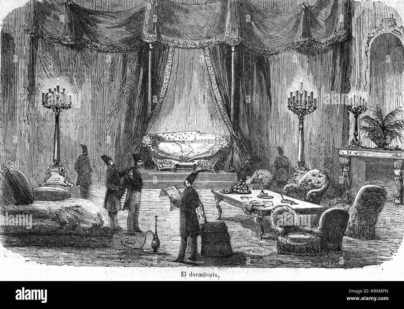 Nasereddin Shah, 16.7.1831 - 1.5.1896, Shah de Perse 1848 - 1896, son palais, vue de l'intérieur, d'une chambre, gravure sur bois, 1873, Additional-Rights Clearance-Info-Not-Available- Banque D'Images