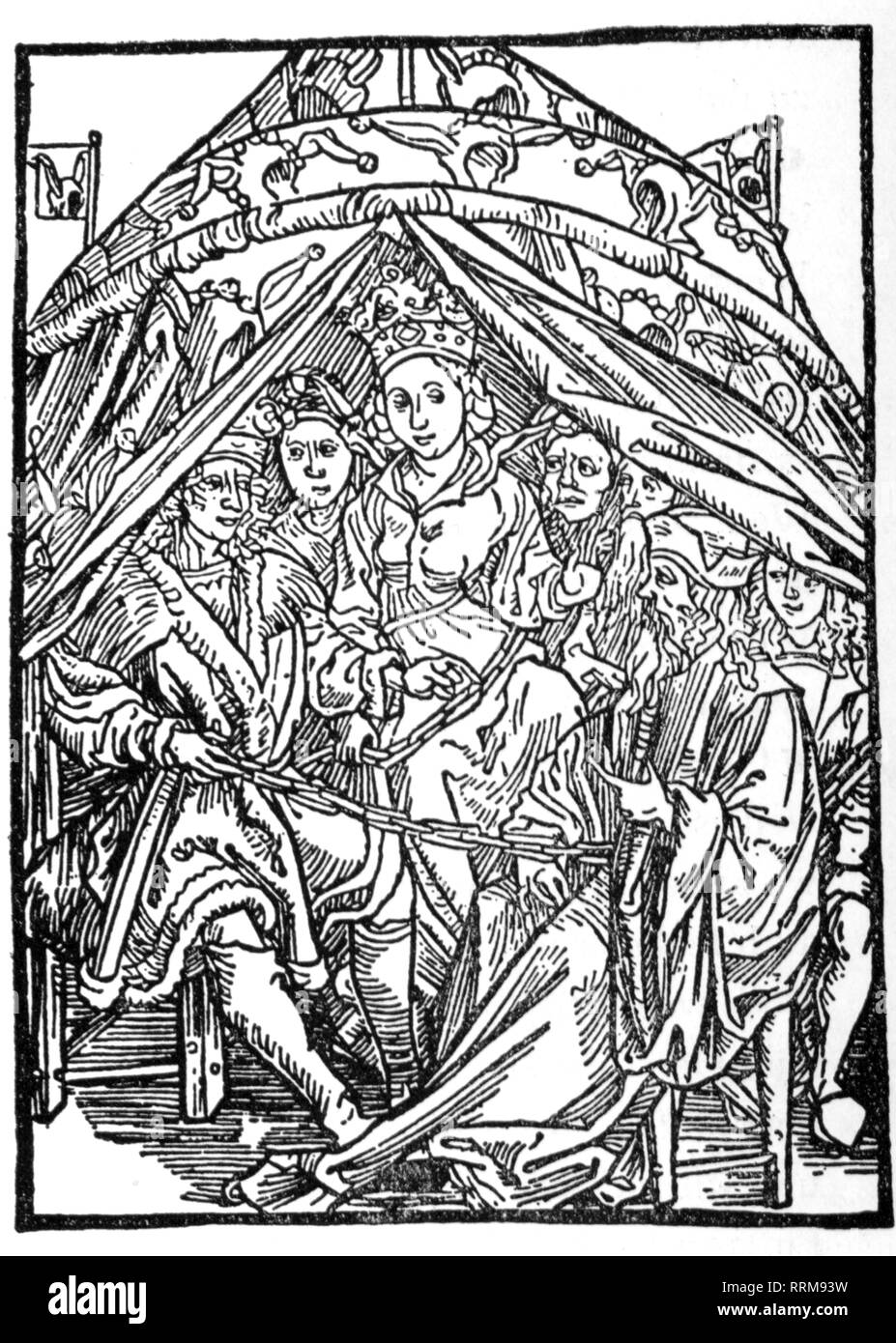Brent, Sebastian, 1457/1458 - 10.5.1521, l'auteur et humaniste allemand / écrivain, travaille, 'Le Ship of Fools", imprimé par Johann von Bergmann Olpe, Bâle, 1494, gravure sur bois, à la 46e chapitre, "de la gouvernance", Additional-Rights imbéciles-Clearance-Info-Not-Available Banque D'Images