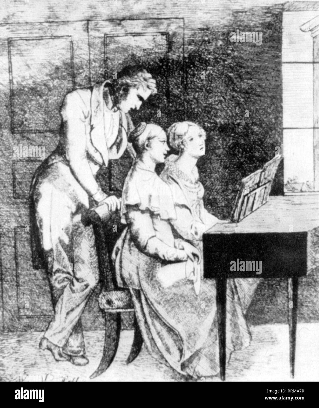 Kuegelgen, Wilhelm von, 20.11.1802 - 25.5.1867, peintre et écrivain / auteur, pleine longueur, avec ses cousins Auguste et Sophie von Stackelberg, Poll, 1826, dessin, Additional-Rights Clearance-Info-Not-Available- Banque D'Images