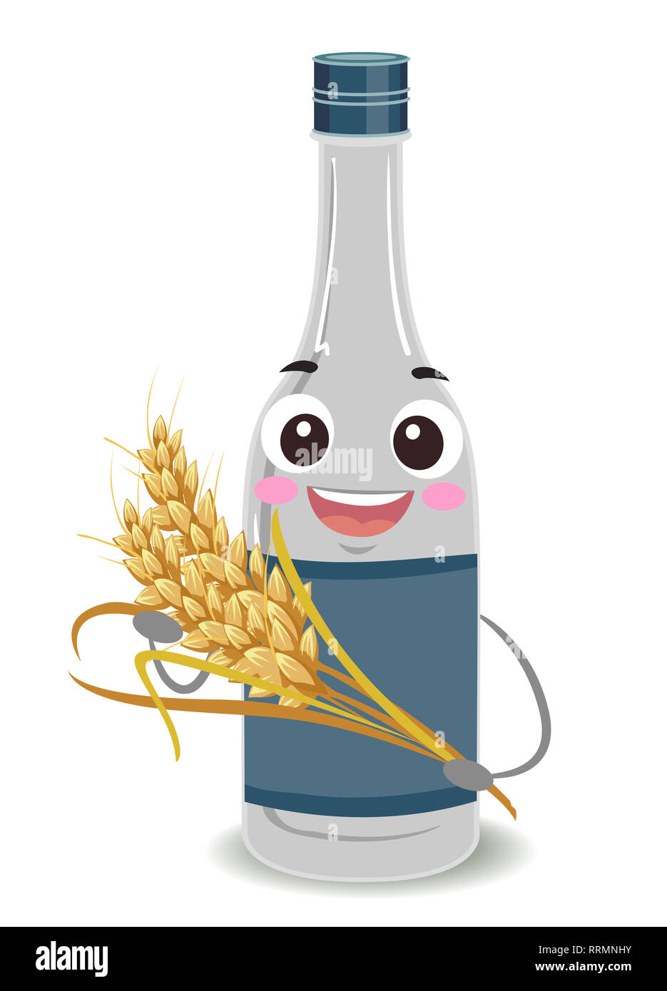 Illustration d'une bouteille de vin de riz Mascot tenant une tige de riz Banque D'Images