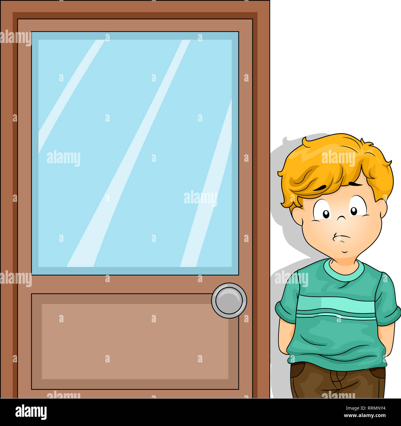 Illustration d'un enfant garçon debout devant la porte de l'Office d'école  et d'attente Photo Stock - Alamy