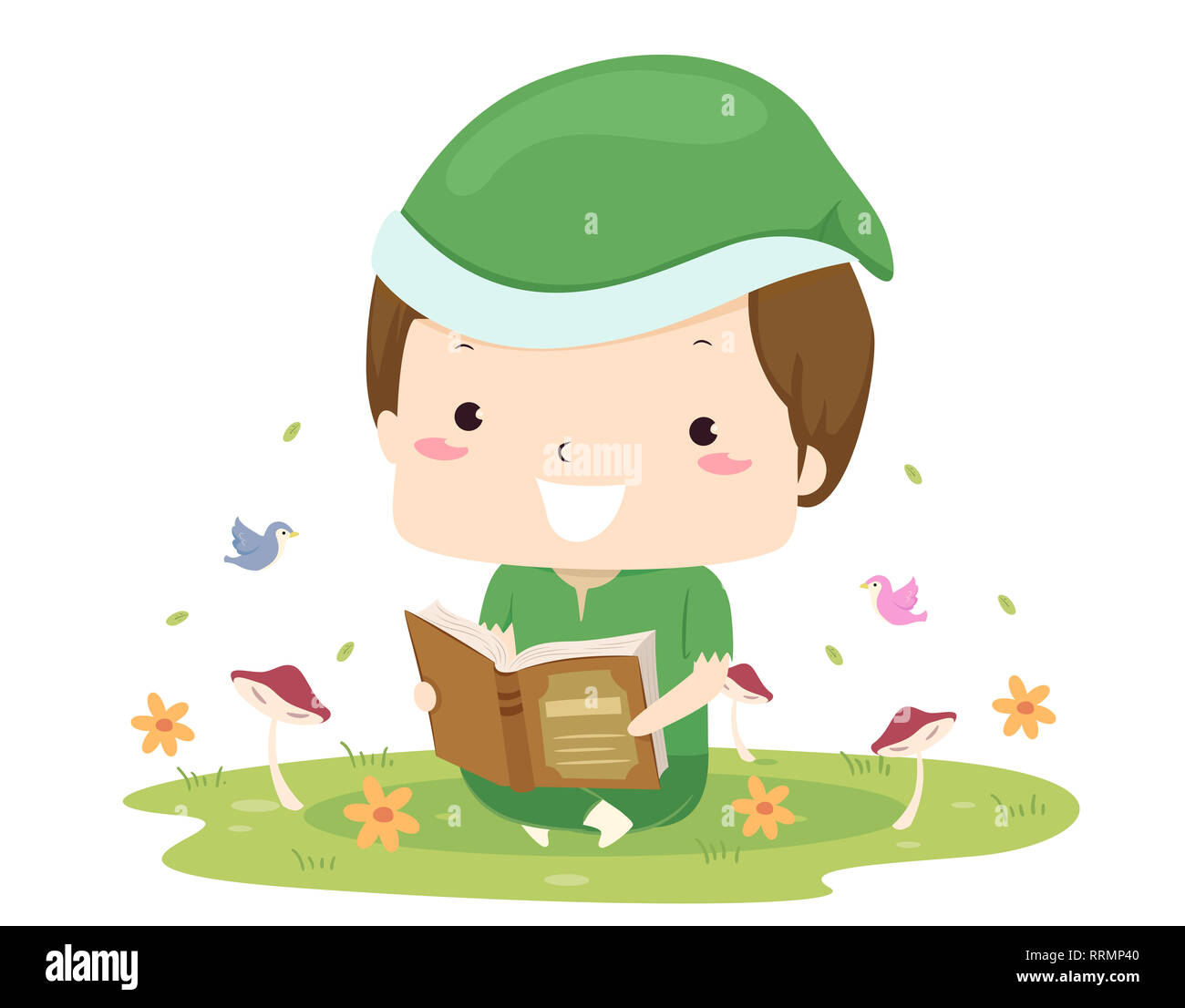 Illustration d'un enfant garçon Elf la lecture d'un livre à l'extérieur avec les oiseaux, fleurs et champignons Banque D'Images