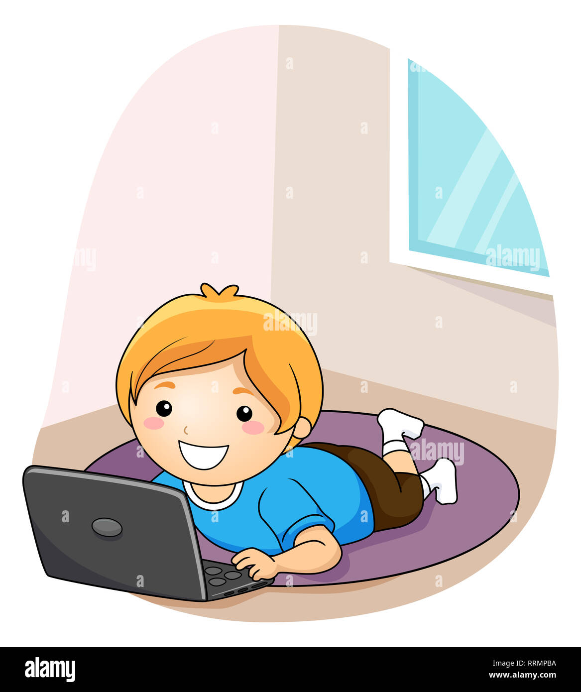 Illustration d'un enfant garçon en utilisant un ordinateur portable tout en étant allongé sur le sol un tapis Banque D'Images