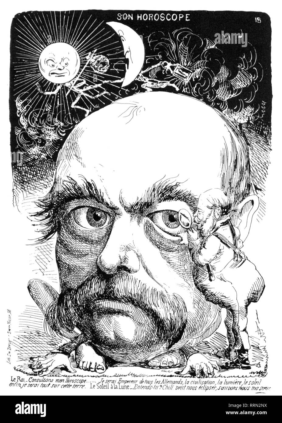 William J, 22.3.1797 - 9.3.1888, l'empereur allemand 18.1.1871 - 9.3.1888, le roi de Prusse - 2.1.1861 9.3.1888, la caricature, voyant lui-même devenir emperer à Bismarck's eye, 'Horoscope', son journal, imprimé par Breyer, Bruxelles, 1870 / 1871 Additional-Rights Clearance-Info,--Not-Available Banque D'Images