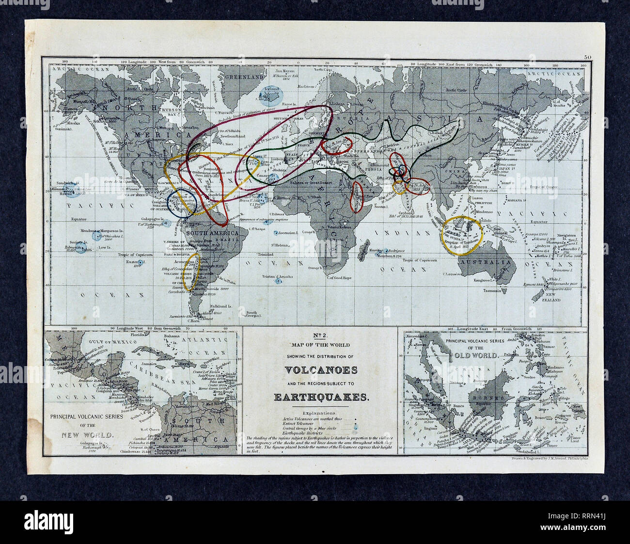 1868 Mitchell carte physique du monde de la distribution des Volcans et séismes sous réserve de régions Banque D'Images