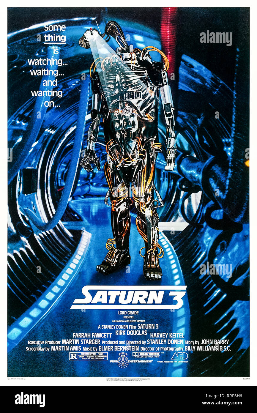 Saturne 3 (1980) réalisé par Stanley Donen et avec Farrah Fawcett, Kirk Douglas et Harvey Keitel. La techno-horreur film sur deux amoureux dans une base distante tranquille ont leur vie ruinée par un robot tueur. Banque D'Images