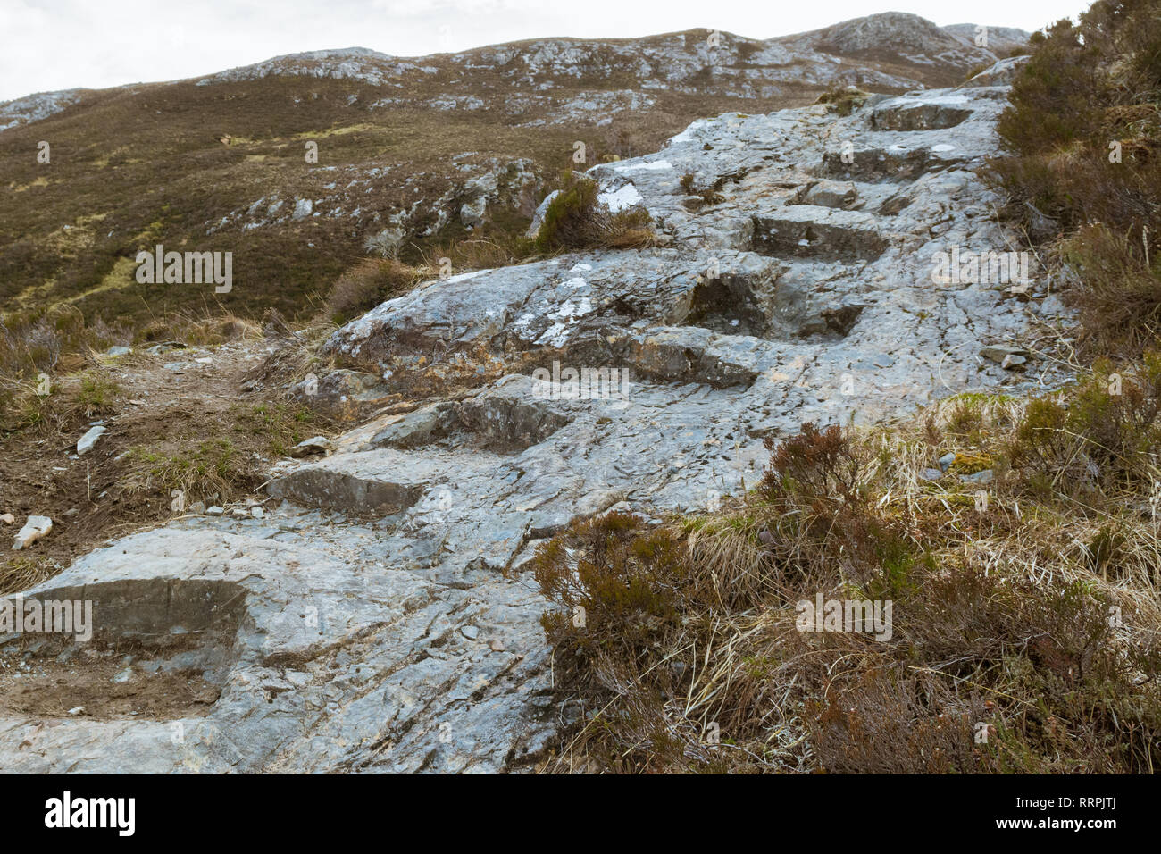 Étapes coupées en roche sur Sentier de montagne Beinn Eighe, Beinn Eighe National Nature Reserve, à l'Ouest Ross, Highlands, Scotland, UK Banque D'Images