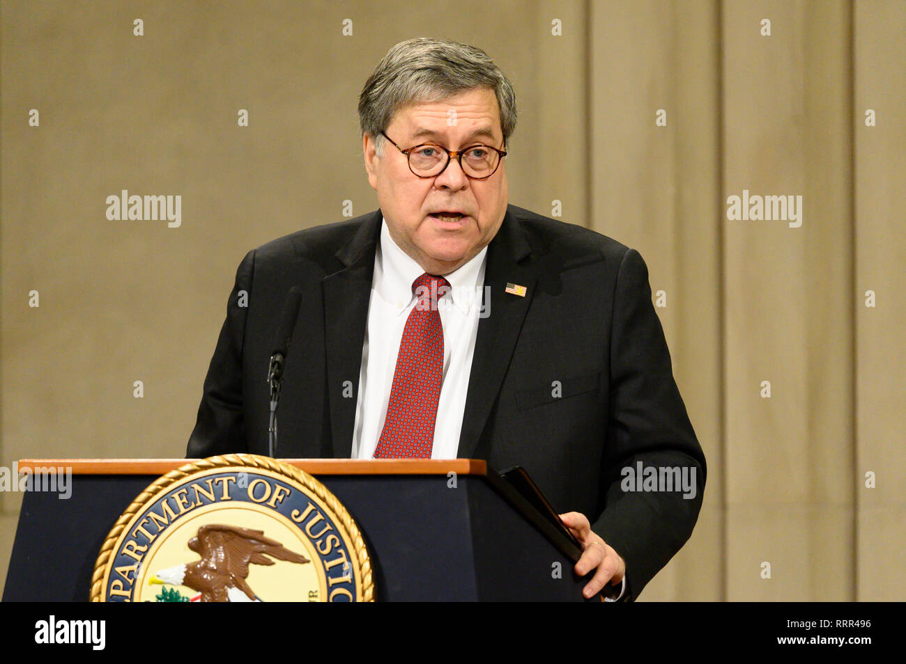 Le procureur général William Barr vu au ministère de la Justice, de l'histoire africaine américaine dans le programme de célébration du Mois Le Grand Hall du ministère de la Justice des États-Unis à Washington, DC. Banque D'Images