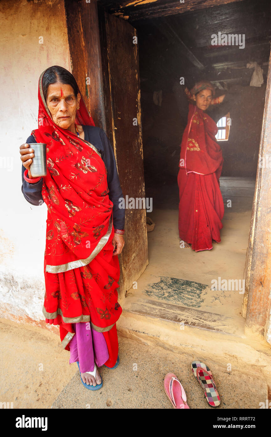 Femme indienne en vêtements traditionnels à Dalkanya Kumaon Hills village,, Uttarakhand, Inde Banque D'Images