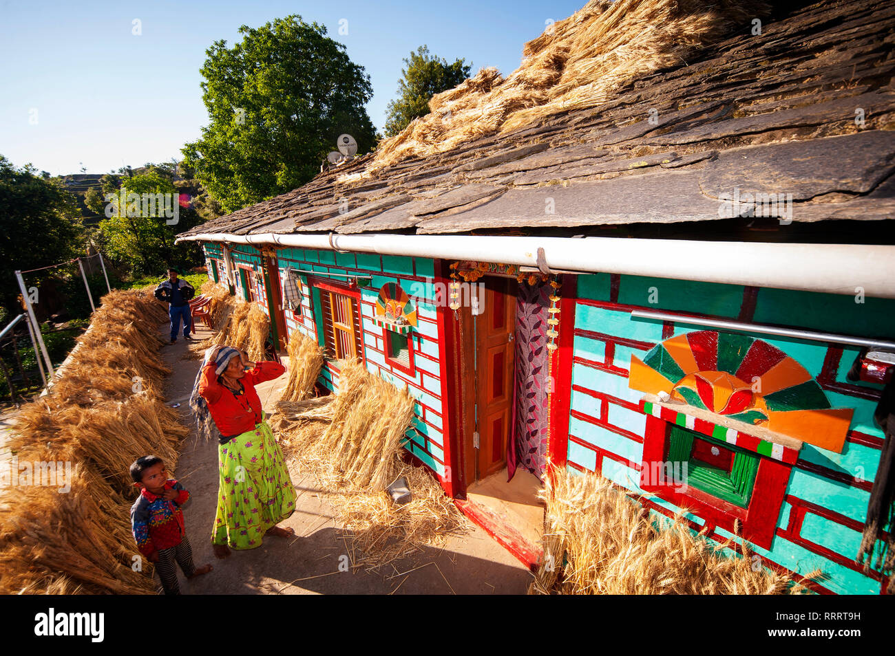 Femme indienne devant sa maison Kumaoni tipycal, où un tas de blé est le séchage au soleil, Kala Agar Kumaon Hills village,, Uttarakhand, Inde Banque D'Images