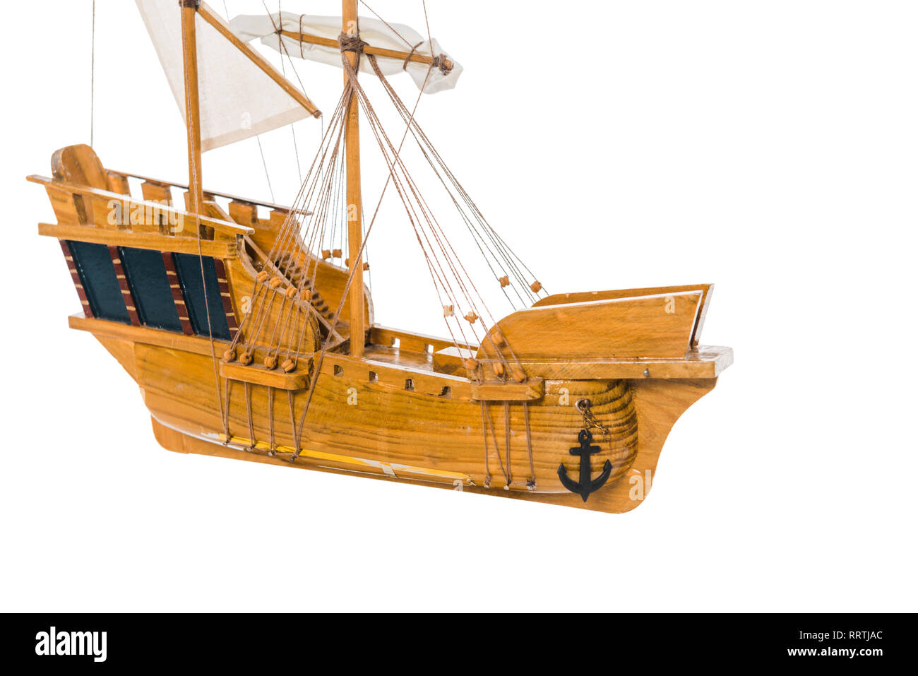 Modèle de navire en bois vintage dans l'air flottant isolated on white with copy space Banque D'Images