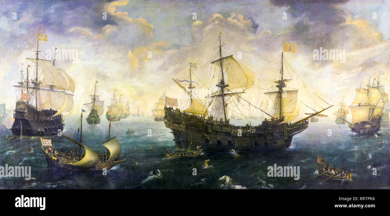 L'Armada espagnole au large de la côte anglaise, ch. 1620, la peinture de Cornelis Claesz Van Wieringen Banque D'Images