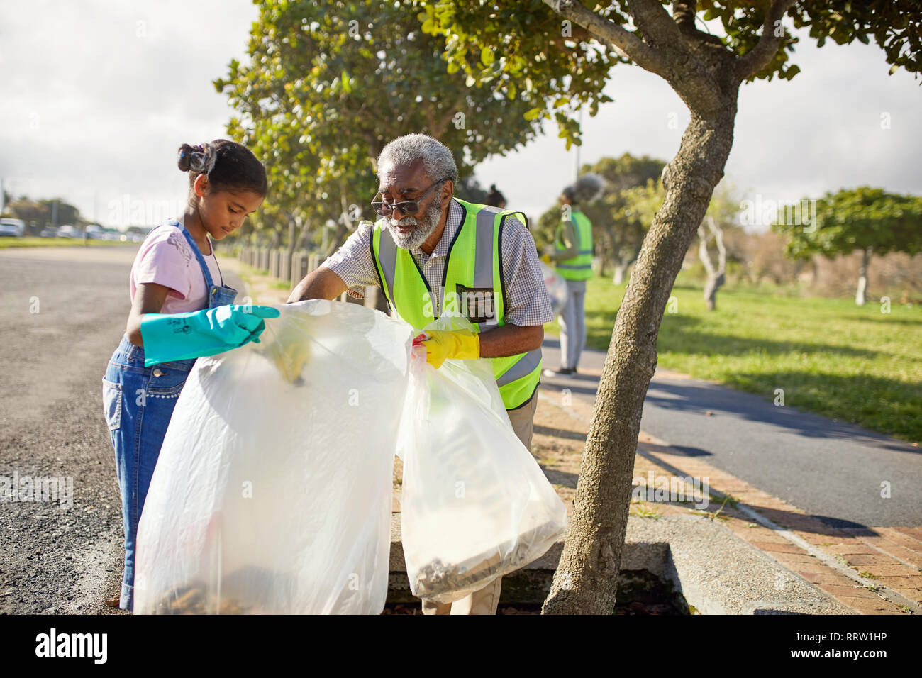 Grand-père et petite-fille de bénévoles nettoyage litière dans sunny park Banque D'Images