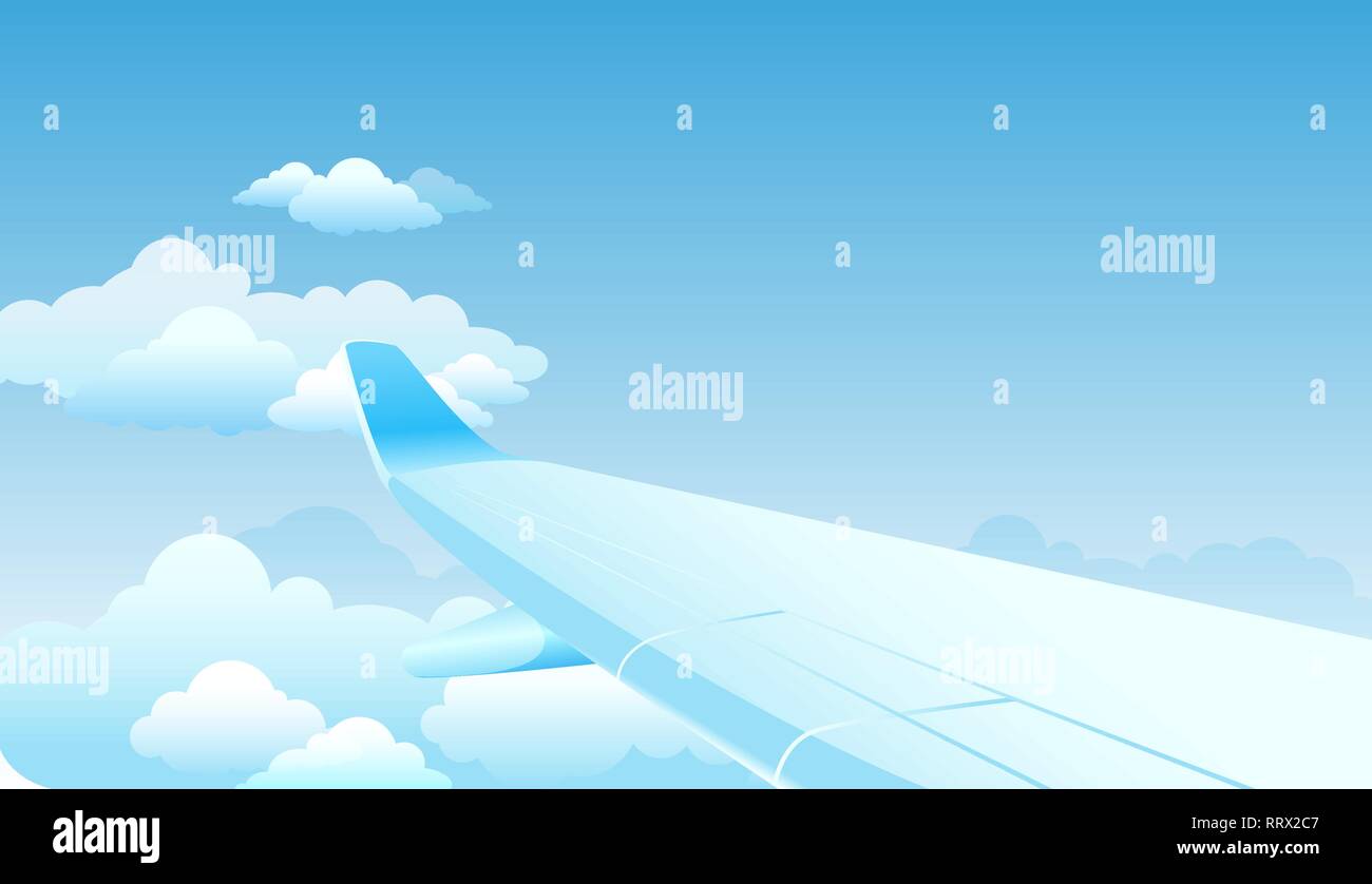 Volant dans le ciel d'illustration vectorielle gradient lumineux de cloudscape et aile d'avion volant au-dessus des nuages. Belle scène de hublot de jet Illustration de Vecteur